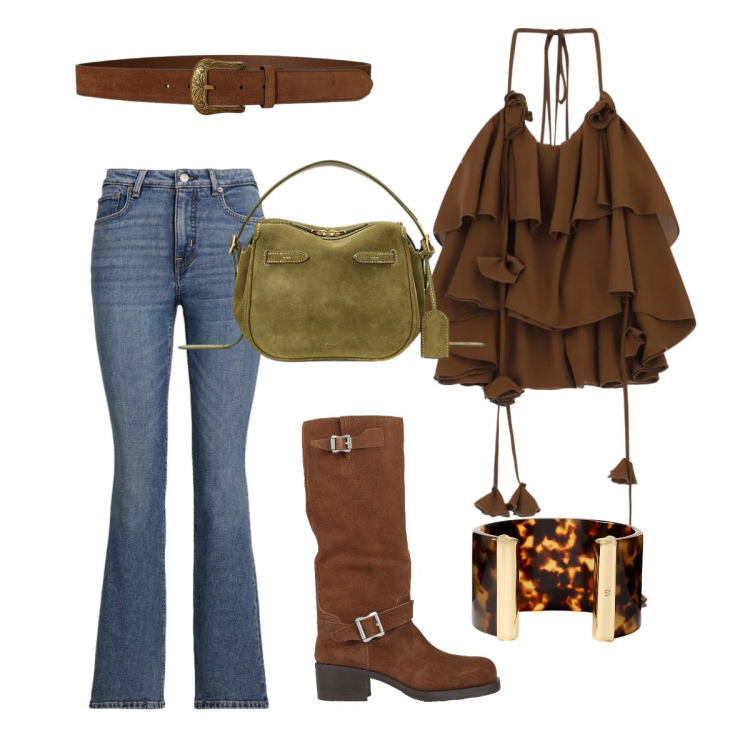 Outfit donna - Total look #2415019. Stile Boho per Serata fuori. Abbinamento con stivali, top, borse a mano, cinture, jeans bootcut, braccialetti.