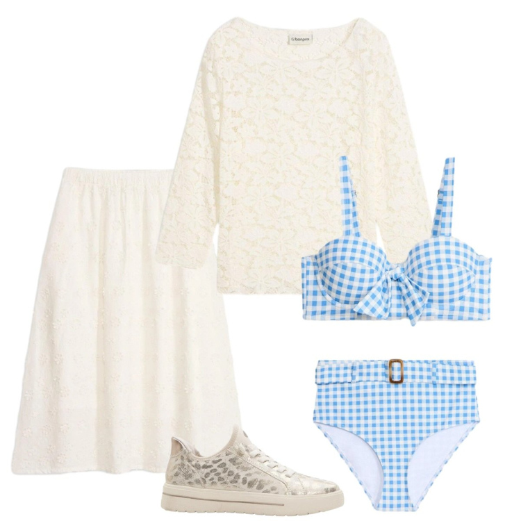 Outfit donna - Total look #2415021. Stile Casual chic per Mare. Abbinamento con t-shirt, gonne longuette, bikini, sneakers.