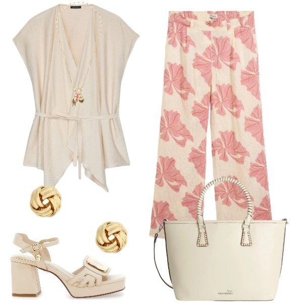 Outfit donna - Total look #2415023. Stile Casual chic per Serata fuori. Abbinamento con pantaloni, shopping bag, ciondoli, caftani, orecchini, sandali col tacco.