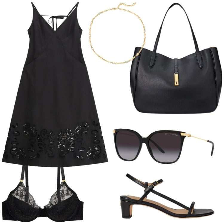 Outfit donna - Dall\' ufficio all\' aperitivo. Stile Chic per Ufficio. Abbinamento con vestiti midi/longuette, sandali in pelle, occhiali da sole, reggiseni, borse tote, collane.