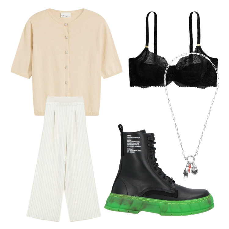 Outfit donna - Cardigan + stivaletti. Stile Casual per Serata fuori. Abbinamento con stivaletti, cardigans, pantaloni a palazzo, ciondoli, reggiseni.