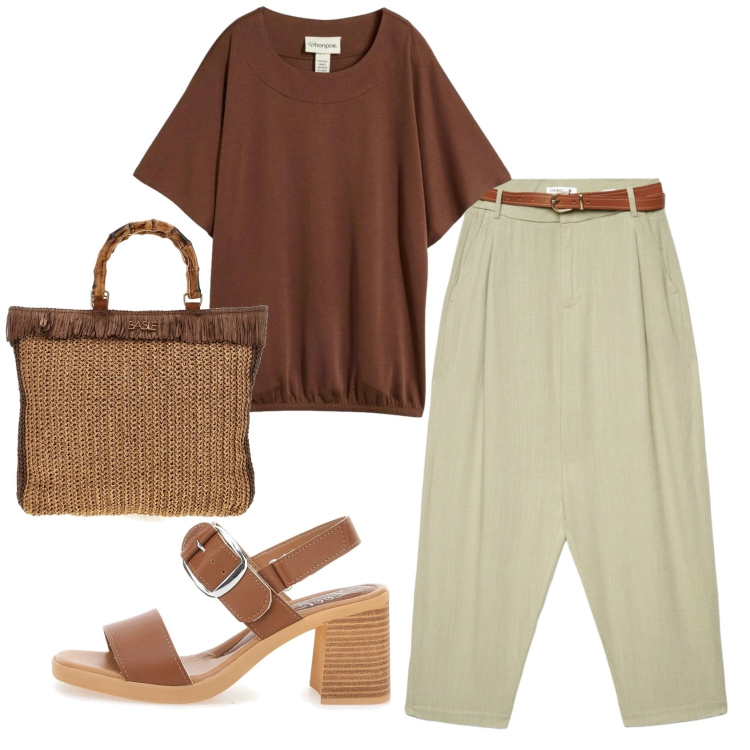 Outfit donna - Total look #2415026. Stile Basic per Ufficio. Abbinamento con t-shirt, pantaloni chino, sandali col tacco, borse a mano.