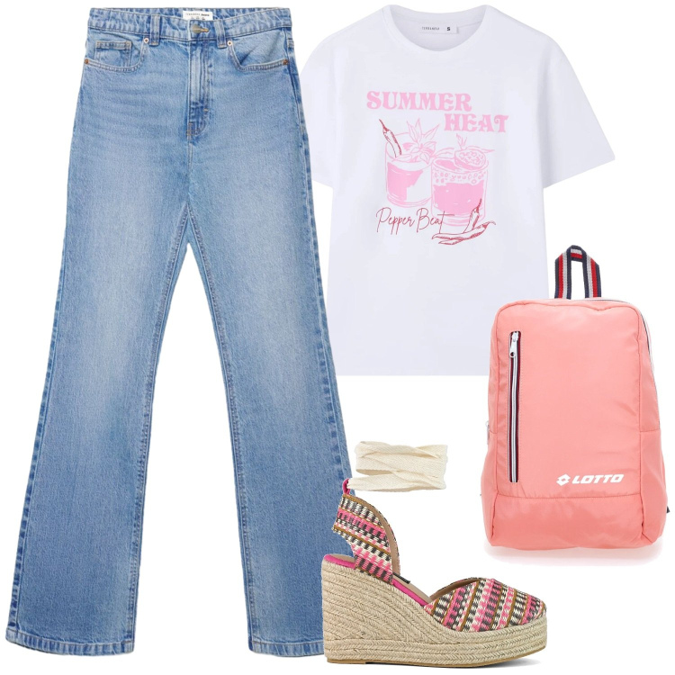 Outfit donna - Aperitivo con le colleghe.. Stile Casual per Tutti i giorni. Abbinamento con t-shirt, jeans bootcut, zeppe, zaini.