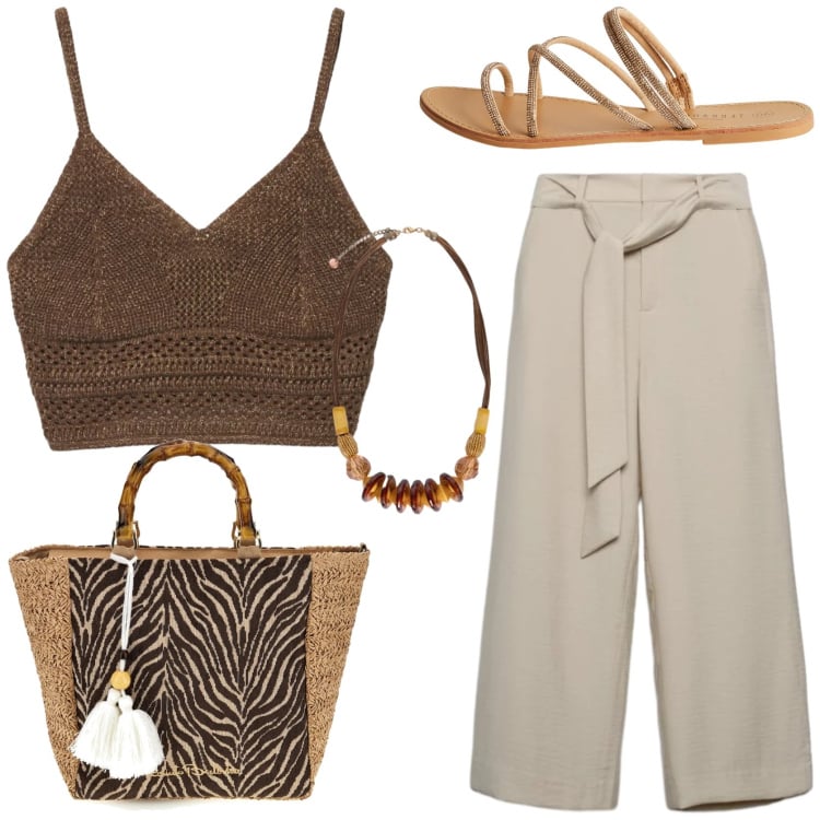 Outfit donna - Minimal chic fresca e comoda. Stile Minimal per Tutti i giorni. Abbinamento con pantaloni a palazzo, sandali, top, collane, borse a mano.