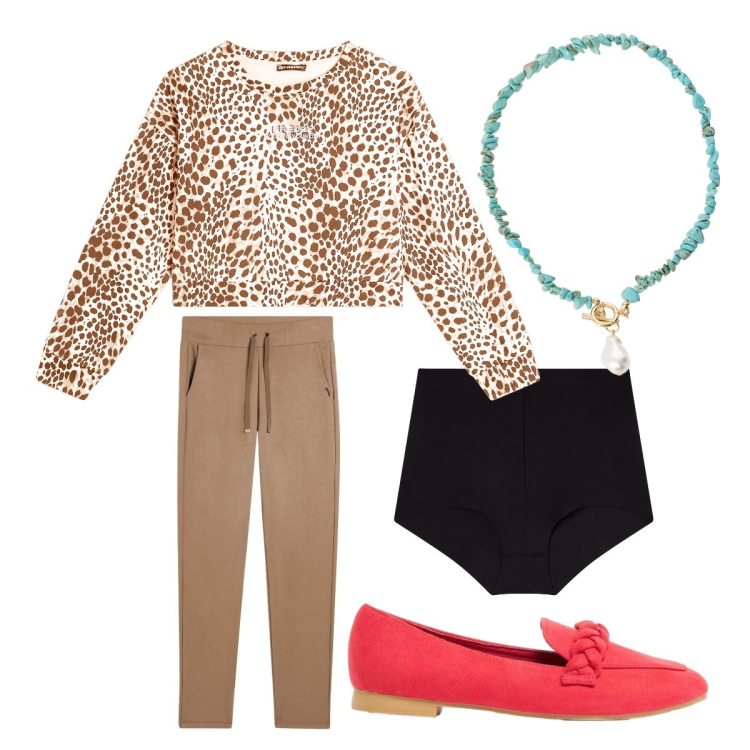 Outfit donna - Tempo libero easy wow. Stile Trendy per Tutti i giorni. Abbinamento con mocassini, slip, collane, felpe, pantaloni.