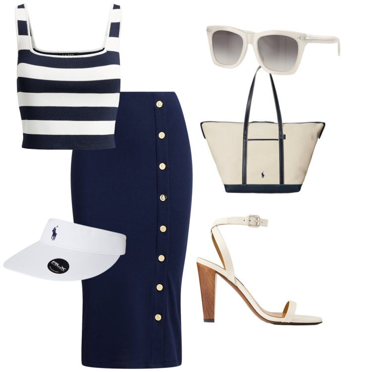 Outfit donna - Fascino Nautico. Stile Chic per Serata fuori. Abbinamento con borse tote, occhiali da sole, gonne, top, sandali in pelle, cappelli con visiera.