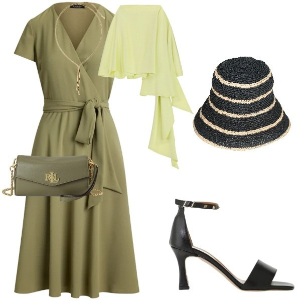 Outfit donna - Total look #2415031. Stile Chic per Serata fuori. Abbinamento con cappelli con visiera, scialli, sandali col tacco, vestiti, collane, portafogli.