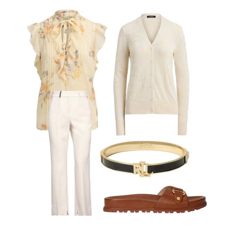 Outfit donna - Smart working. Stile Boho per Tutti i giorni. Abbinamento con pantaloni, braccialetti, cardigans, camicie a manica corta, ciabatte.