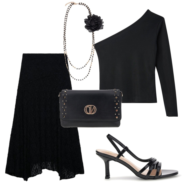 Outfit donna - Serata. Stile Minimal per Serata fuori. Abbinamento con gonne lunghe, t-shirt, collane, sandali col tacco, borse a tracolla.