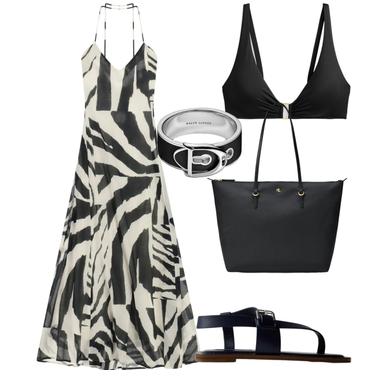 Outfit donna - Giugno. Stile Casual chic per Mare. Abbinamento con vestiti lunghi, bikini, borse tote, sandali in pelle, anelli.