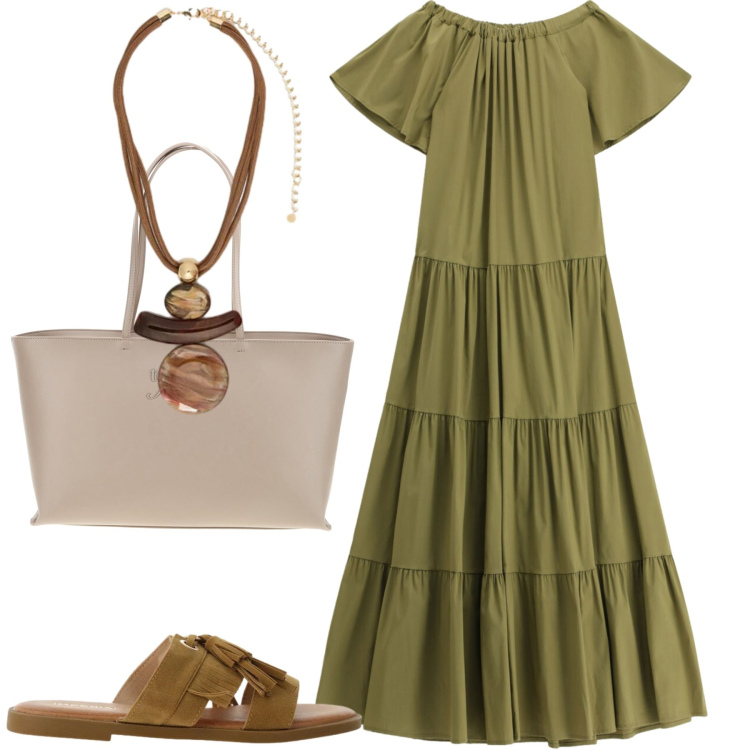 Outfit donna - Giugno. Stile Casual per Tutti i giorni. Abbinamento con vestiti lunghi, sandali, ciondoli, borse a spalla.