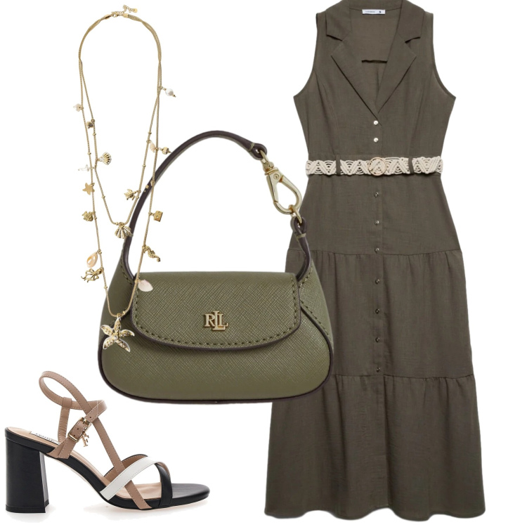 Outfit donna - City. Stile Urban per Tutti i giorni. Abbinamento con vestiti chemisier, collane, borse a mano, sandali col tacco.