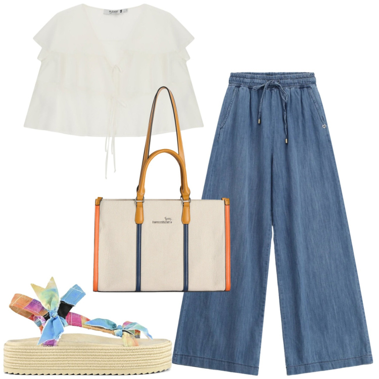 Outfit donna - Summer. Stile Casual per Tutti i giorni. Abbinamento con borse tote, top, jeans, sandali.