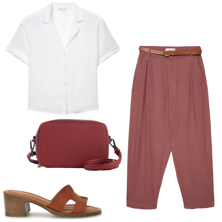 Outfit donna - Giugno. Stile Casual chic per Ufficio. Abbinamento con borse a tracolla, pantaloni chino, camicie a manica corta, sandali col tacco.