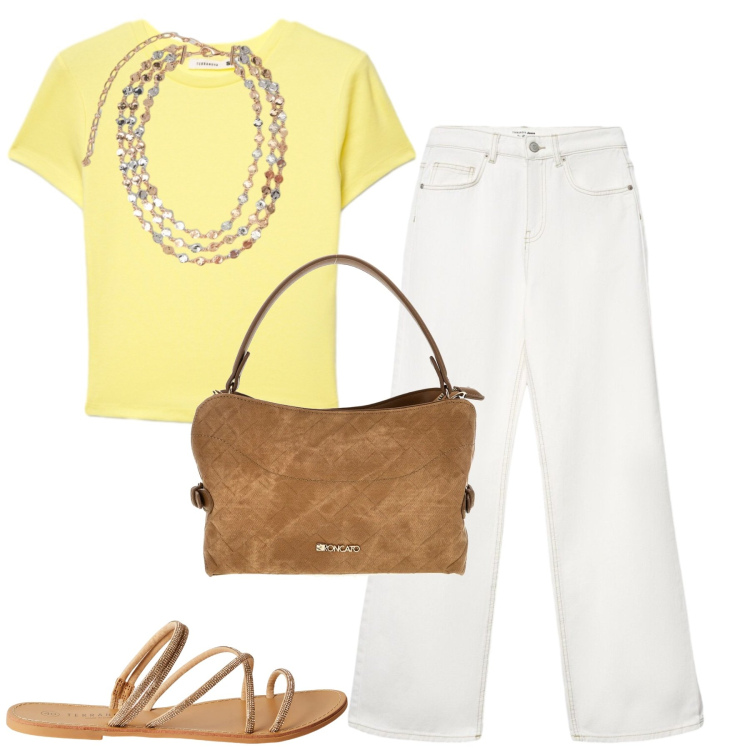 Outfit donna - Giugno. Stile Casual per Tutti i giorni. Abbinamento con t-shirt, sandali, jeans, collane, borse a tracolla.