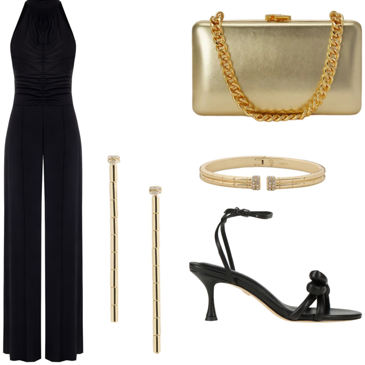Outfit donna - Una cena importante. Stile Glamour per Serata fuori. Abbinamento con sandali in pelle, tute, orecchini, clutch, braccialetti.