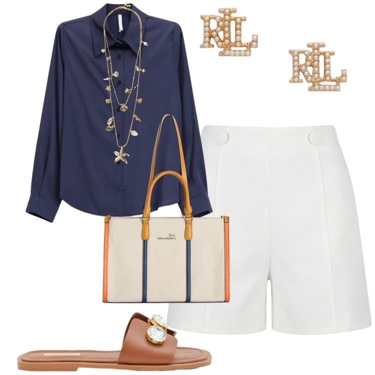 Outfit donna - City. Stile Casual chic per Tutti i giorni. Abbinamento con pantaloni corti, sandali gioiello, camicie, collane, borse tote, orecchini.