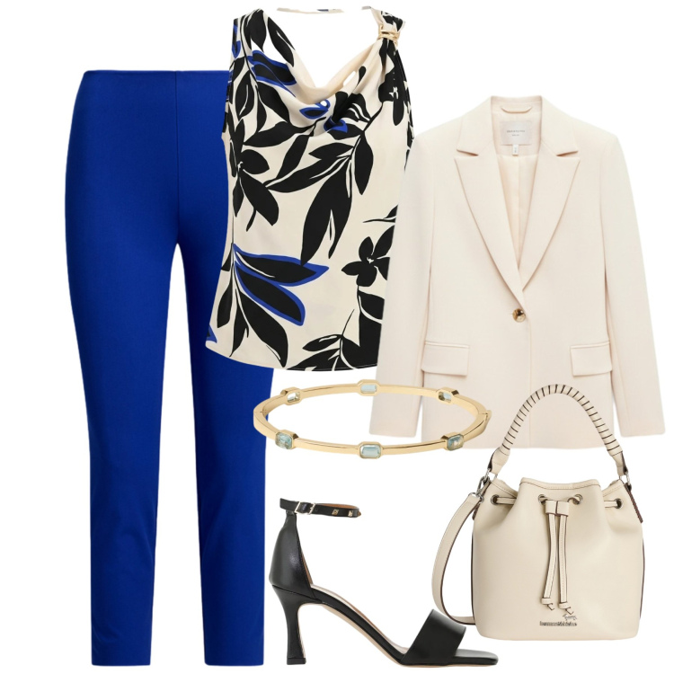 Outfit donna - Eleganza disinvolta. Stile Chic per Tutti i giorni. Abbinamento con blazer, canottiere, sandali col tacco, borse a secchiello, pantaloni, braccialetti.