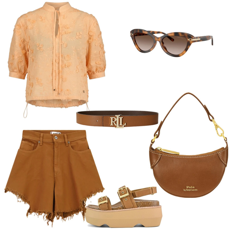 Outfit donna - Caldo selvaggio. Abbinamento con bluse, shorts, borse a tracolla, cinture, occhiali da sole, sandali col tacco.
