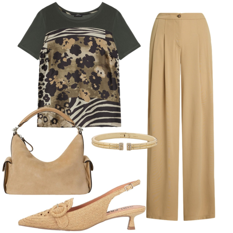 Outfit donna - Total look #2415053. Stile Trendy per Ufficio. Abbinamento con décolleté, t-shirt, pantaloni, braccialetti, borse a spalla.