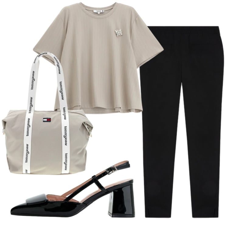 Outfit donna - Total look #2415054. Stile Bon Ton per Ufficio. Abbinamento con décolleté, t-shirt, pantaloni skinny, shopping bag.