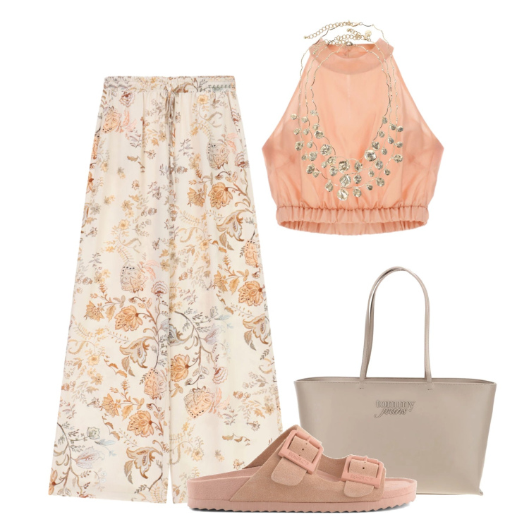 Outfit donna - Sandali pesca. Stile Trendy per Tutti i giorni. Abbinamento con pantaloni a palazzo, top, collane, sandali in pelle, borse a spalla.