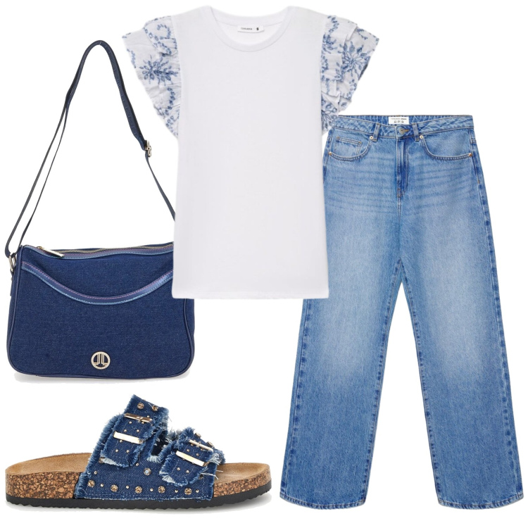 Outfit donna - Total look #2415056. Stile Casual per Tutti i giorni. Abbinamento con jeans dritti, t-shirt, ciabatte, borse a tracolla.