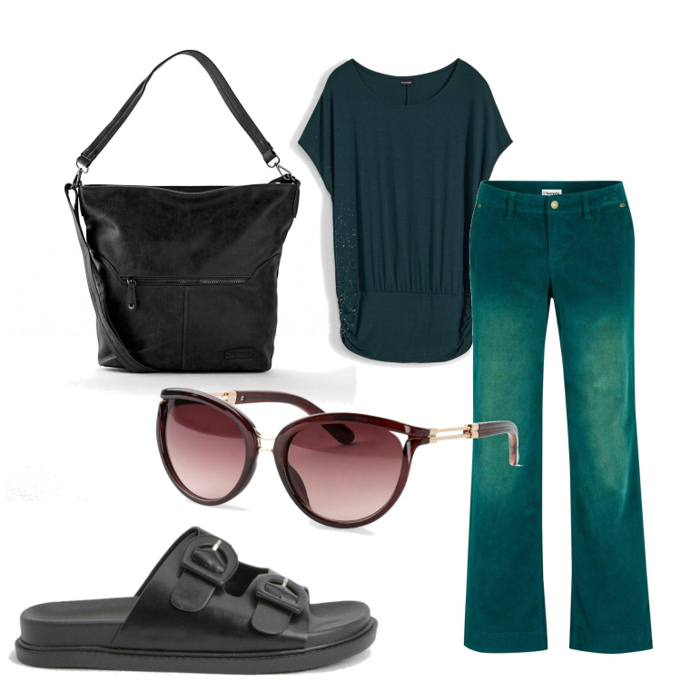 Outfit femme - Vert. Style Basique pour Tous les jours. Assortir avec sacs à main, lunettes de soleil, pantalon large en bas, t-shirts, sandales.