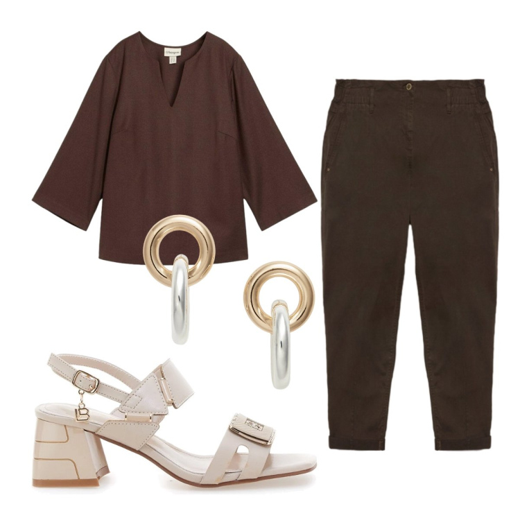 Outfit donna - Primavera coi sandali. Stile Bon Ton per Tutti i giorni. Abbinamento con tuniche, pantaloni, orecchini, sandali col tacco.