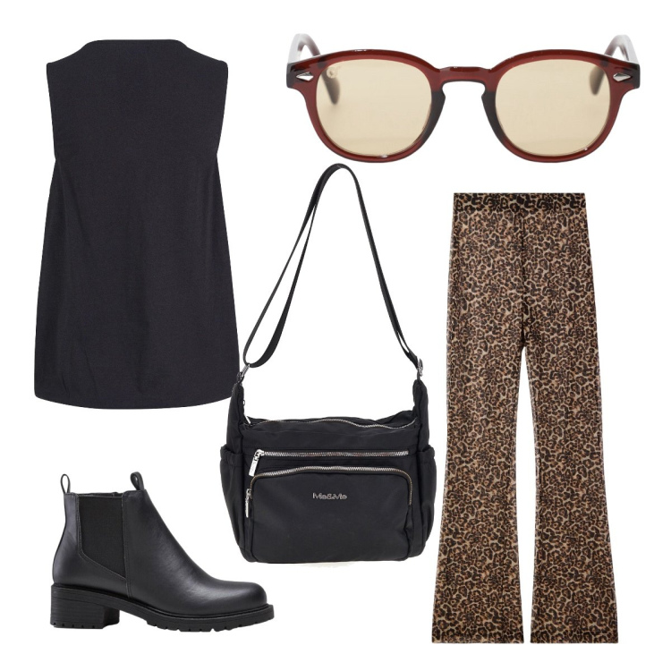 Outfit donna - Giornata soleggiata. Stile 70s per Tutti i giorni. Abbinamento con canottiere, stivaletti, pantaloni, occhiali da sole, borse a tracolla.