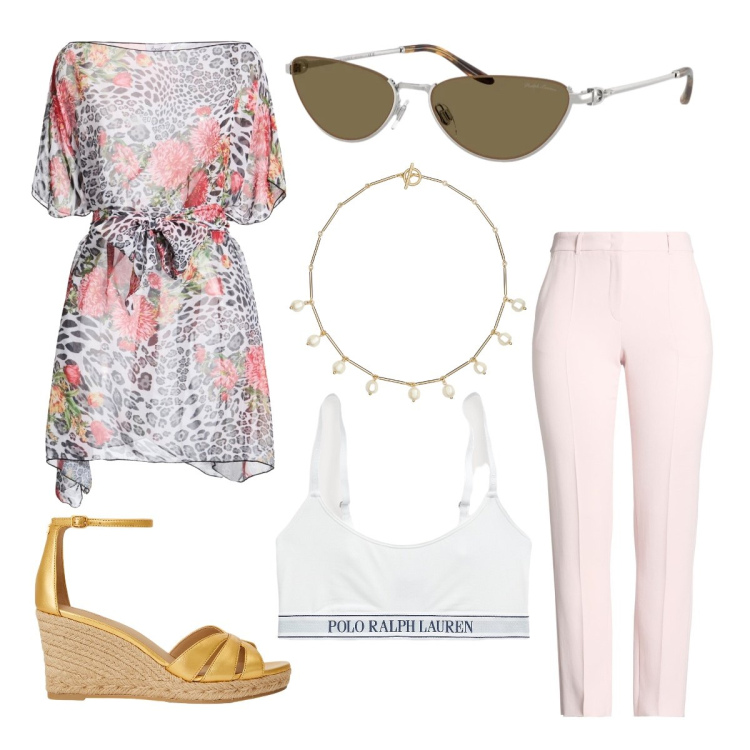 Outfit donna - Vestire la primavera curvy. Stile Casual per Tutti i giorni. Abbinamento con pantaloni, top, zeppe, reggiseni, collane, occhiali da sole.