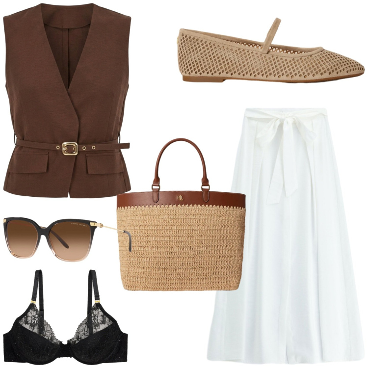 Outfit donna - Weekend. Stile Chic per Tutti i giorni. Abbinamento con gilet, gonne lunghe, occhiali da sole, reggiseni, borse tote, ballerine.