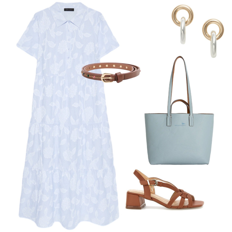 Outfit donna - Leggerezza. per Tutti i giorni. Abbinamento con cinture, shopping bag, vestiti lunghi, orecchini, sandali in pelle.