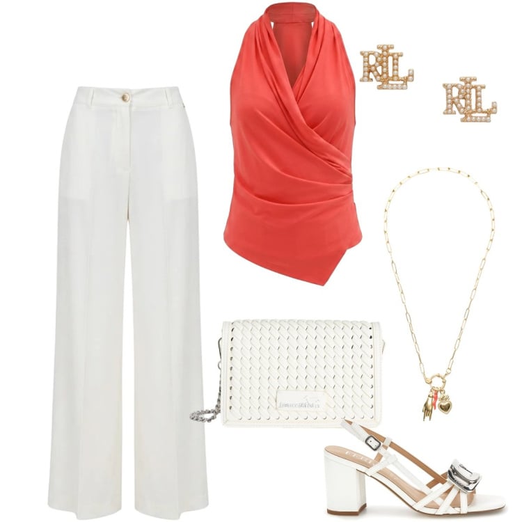 Outfit donna - Total look #2415070. Stile Glamour per Serata fuori. Abbinamento con top, pantaloni a palazzo, borse a tracolla, ciondoli, orecchini, sandali in pelle.