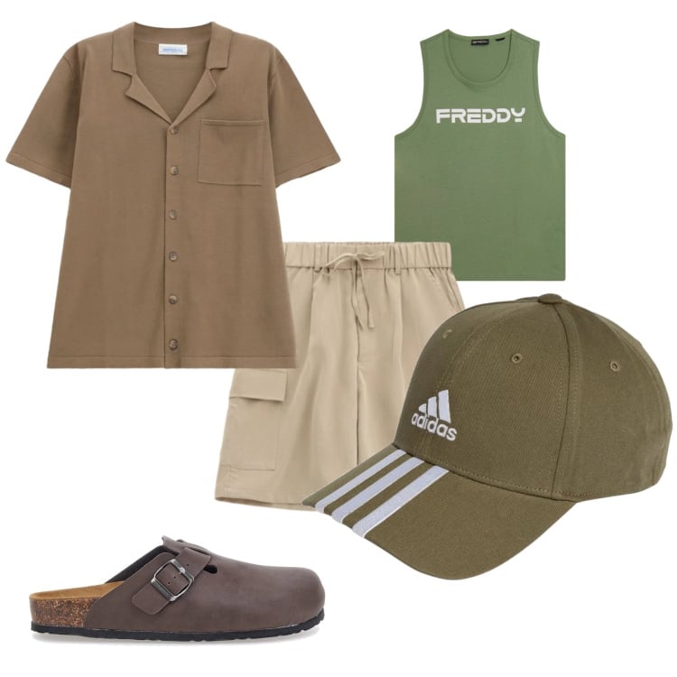 Outfit uomo - Chill estivo. Stile Casual per Tutti i giorni. Abbinamento con bermuda, camicie a manica corta, canottiere, cappelli con visiera, sandali.