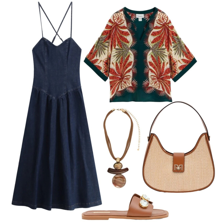 Outfit donna - Total look #2415072. Stile Casual chic per Serata fuori. Abbinamento con tuniche, borse a spalla, sandali gioiello, vestiti lunghi, ciondoli.