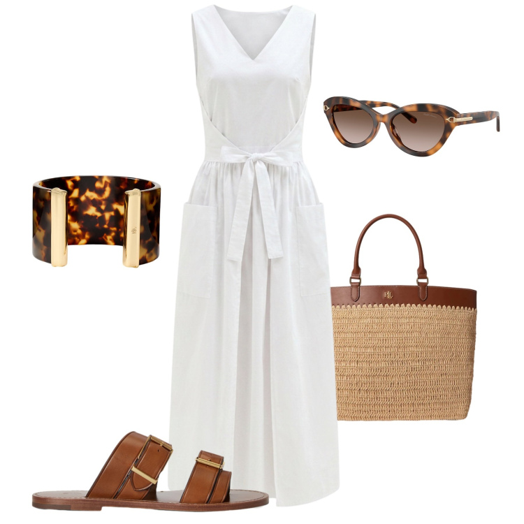 Outfit donna - Sandali minimal con stile. Stile Trendy per Tutti i giorni. Abbinamento con vestiti lunghi, borse tote, sandali in pelle, braccialetti, occhiali da sole.