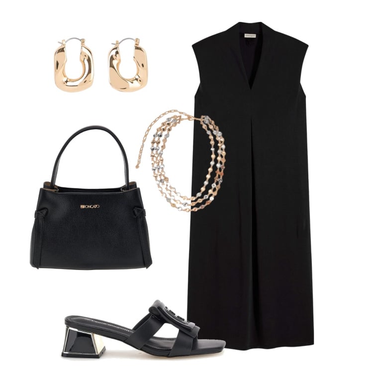 Outfit donna - Minimal chic in black. Stile Glamour per Serata fuori. Abbinamento con vestiti, orecchini, collane, scarpe col tacco, borse a tracolla.