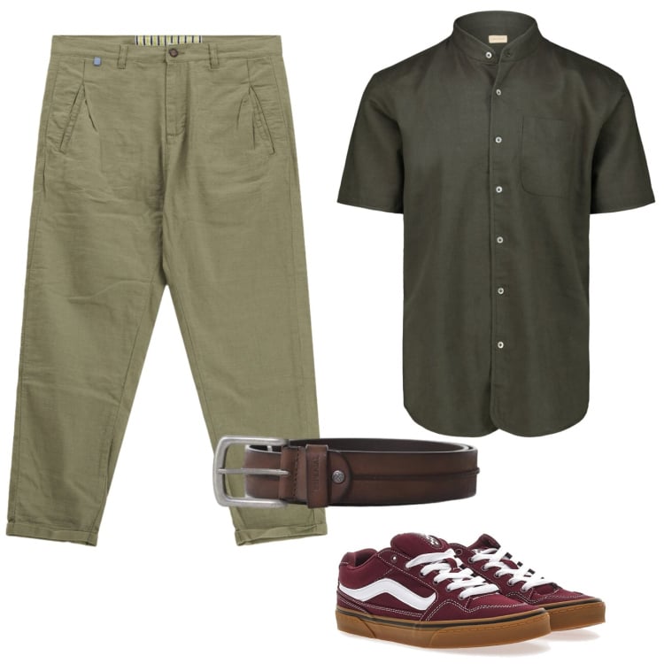 Outfit uomo - Verde e Marrone. Stile Casual per Tutti i giorni. Abbinamento con pantaloni, cinture, camicie a manica corta, sneakers.