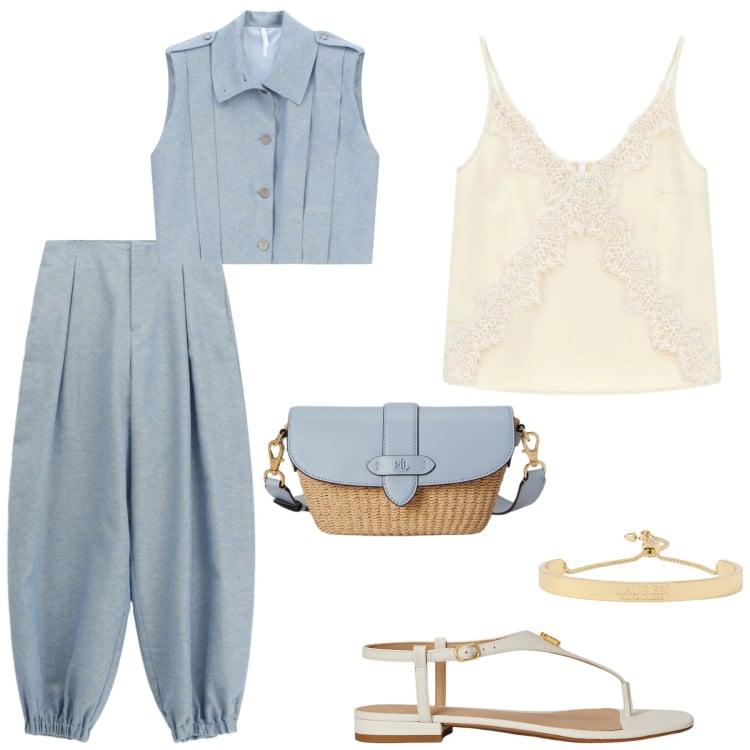 Outfit donna - Azzurro lino. Stile Casual chic per Tutti i giorni. Abbinamento con pantaloni, gilet, canottiere, sandali in pelle, borse a spalla, braccialetti.