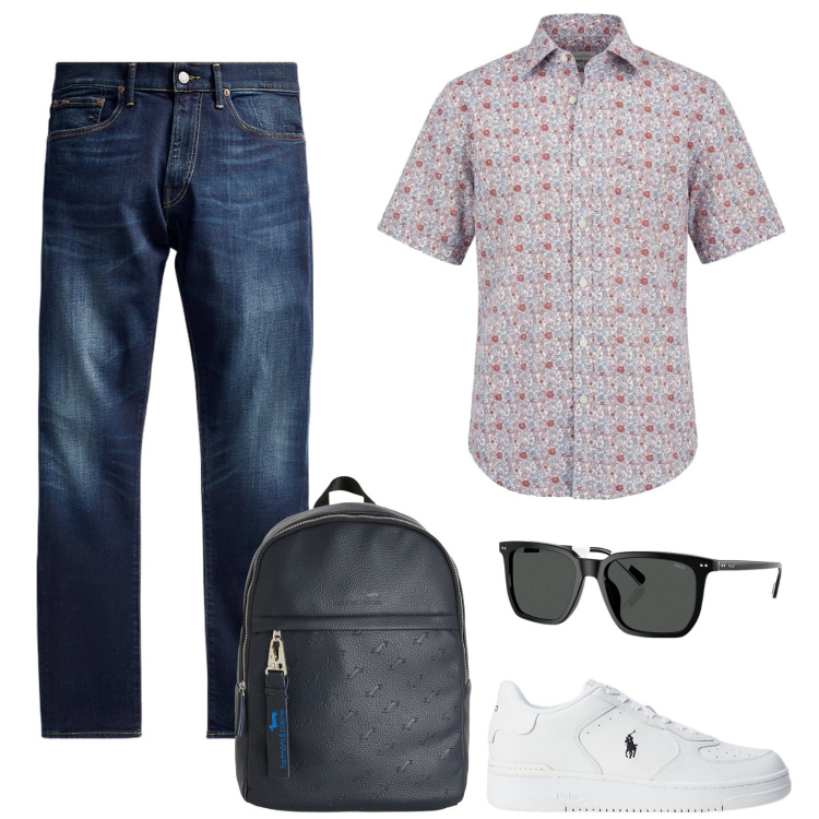 Outfit uomo - Jeans e Camicia. Stile Casual per Tutti i giorni. Abbinamento con borse sportive, camicie a manica corta, sneakers, jeans, occhiali da sole.