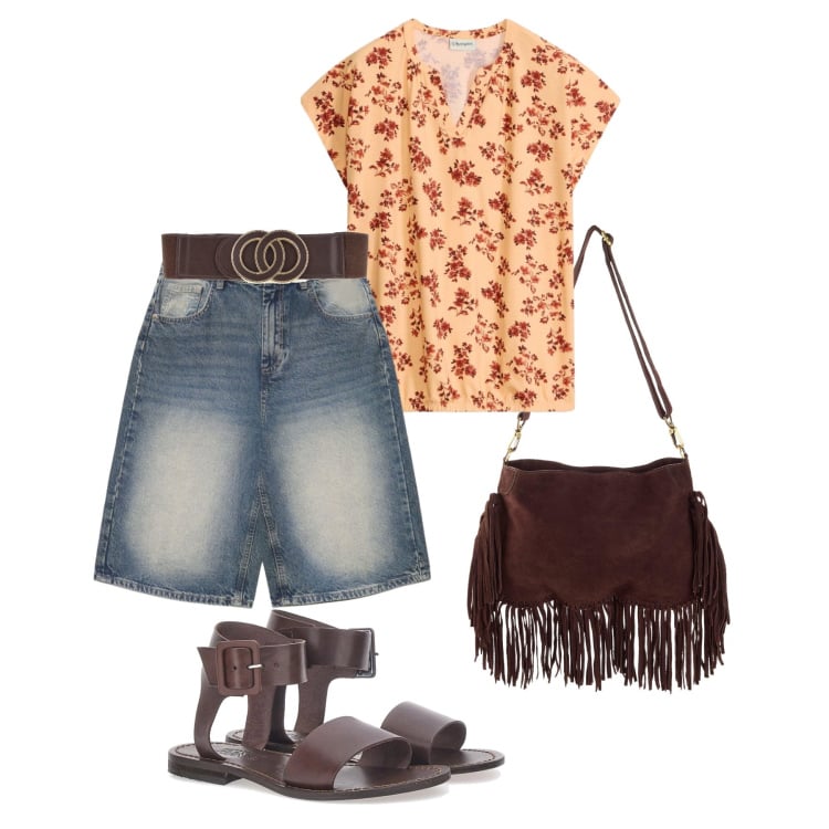 Outfit donna - Street style. Stile Urban per Tutti i giorni. Abbinamento con borse a tracolla, t-shirt, pantaloni corti, sandali, cinture.