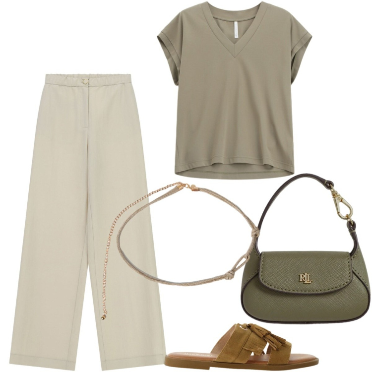 Outfit donna - Total look #2415080. Stile Minimal per Tutti i giorni. Abbinamento con pantaloni a palazzo, sandali, top, cinture, borse a mano.