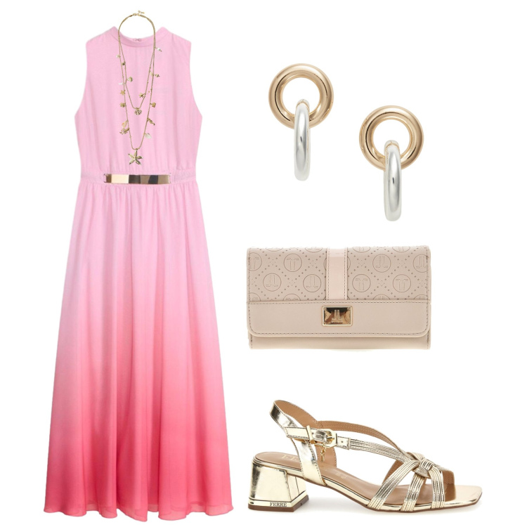 Outfit donna - Cerimonia di giugno. Stile Chic per Cerimonia. Abbinamento con vestiti lunghi, collane, orecchini, sandali in pelle, portafogli.