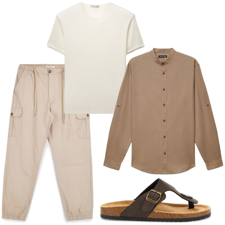 Outfit uomo - A prova di caldo. Stile Casual per Tutti i giorni. Abbinamento con camicie, t-shirt, pantaloni cargo, sandali.