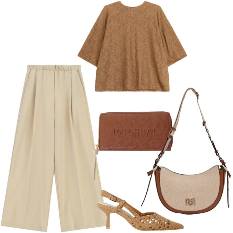 Outfit donna - Total look #2415083. Stile Casual chic per Ufficio. Abbinamento con borse a tracolla, bluse, pantaloni a palazzo, décolleté, portafogli.