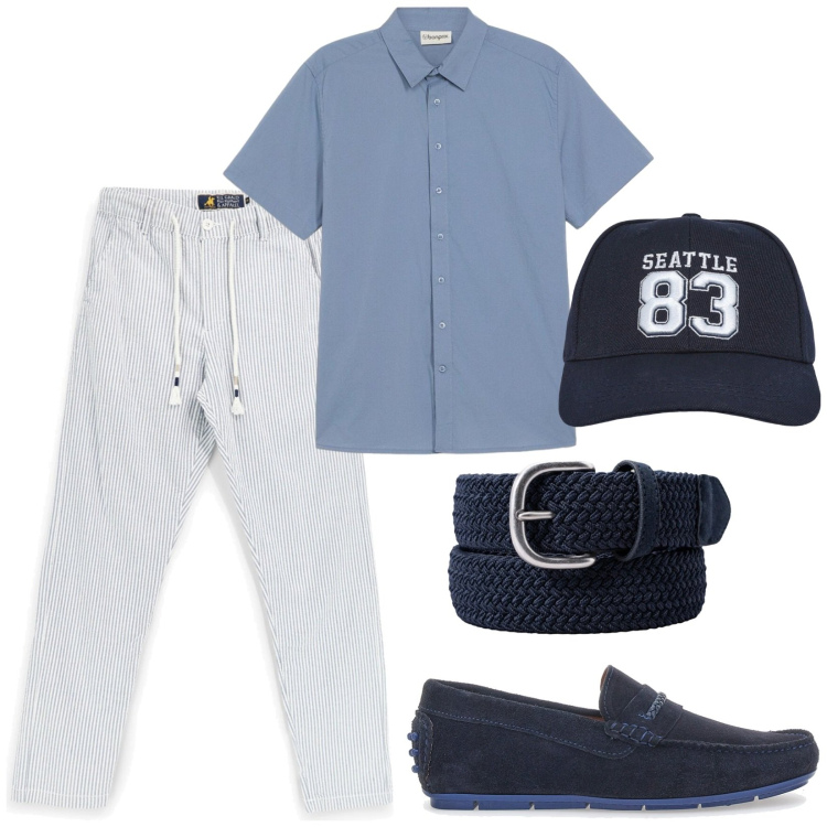 Outfit uomo - Gita in barca. Stile Trendy per Mare. Abbinamento con camicie a manica corta, cappelli, cinture, scarpe stringate, pantaloni.