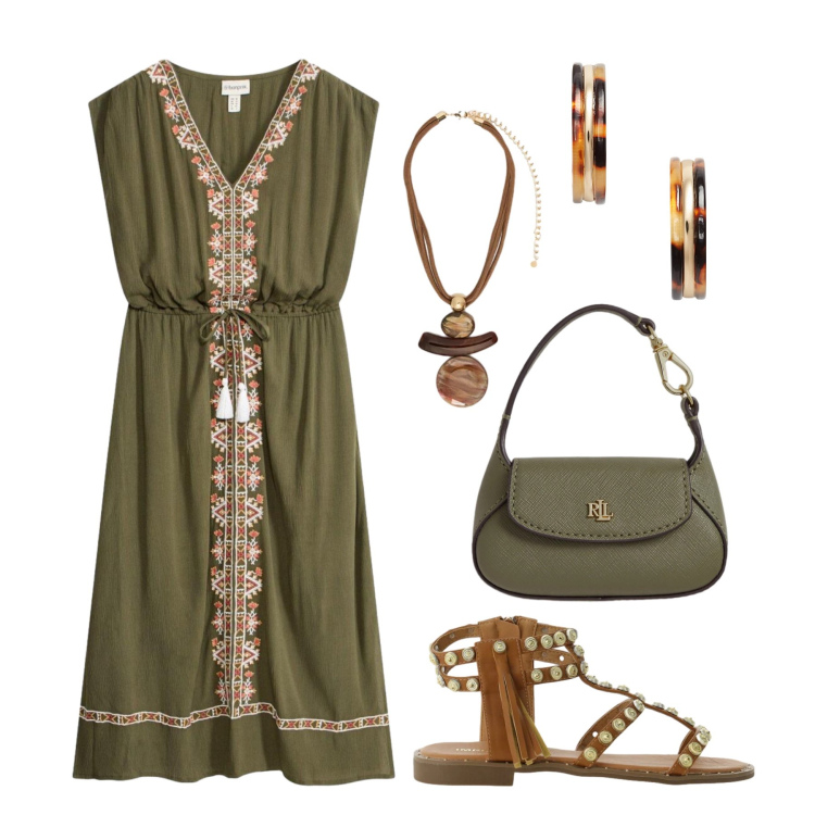 Outfit donna - L’abito boho chic. Stile Boho per Tutti i giorni. Abbinamento con vestiti midi/longuette, sandali, ciondoli, borse a mano, orecchini.