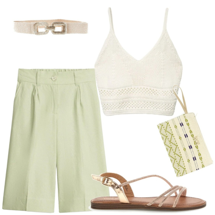 Outfit donna - Raffinata in pantaloncino lungo. Stile Chic per Tutti i giorni. Abbinamento con bermuda, top, sandali, pochette, cinture.