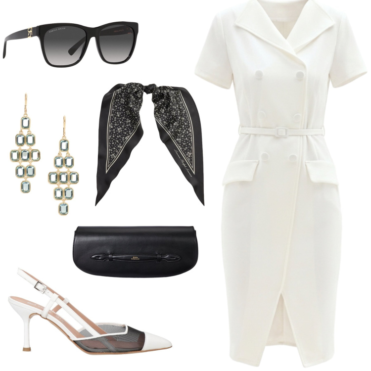 Outfit donna - 40\'s style. Stile Bon Ton per Ufficio. Abbinamento con décolleté, vestiti midi/longuette, clutch, foulard, orecchini, occhiali da sole.